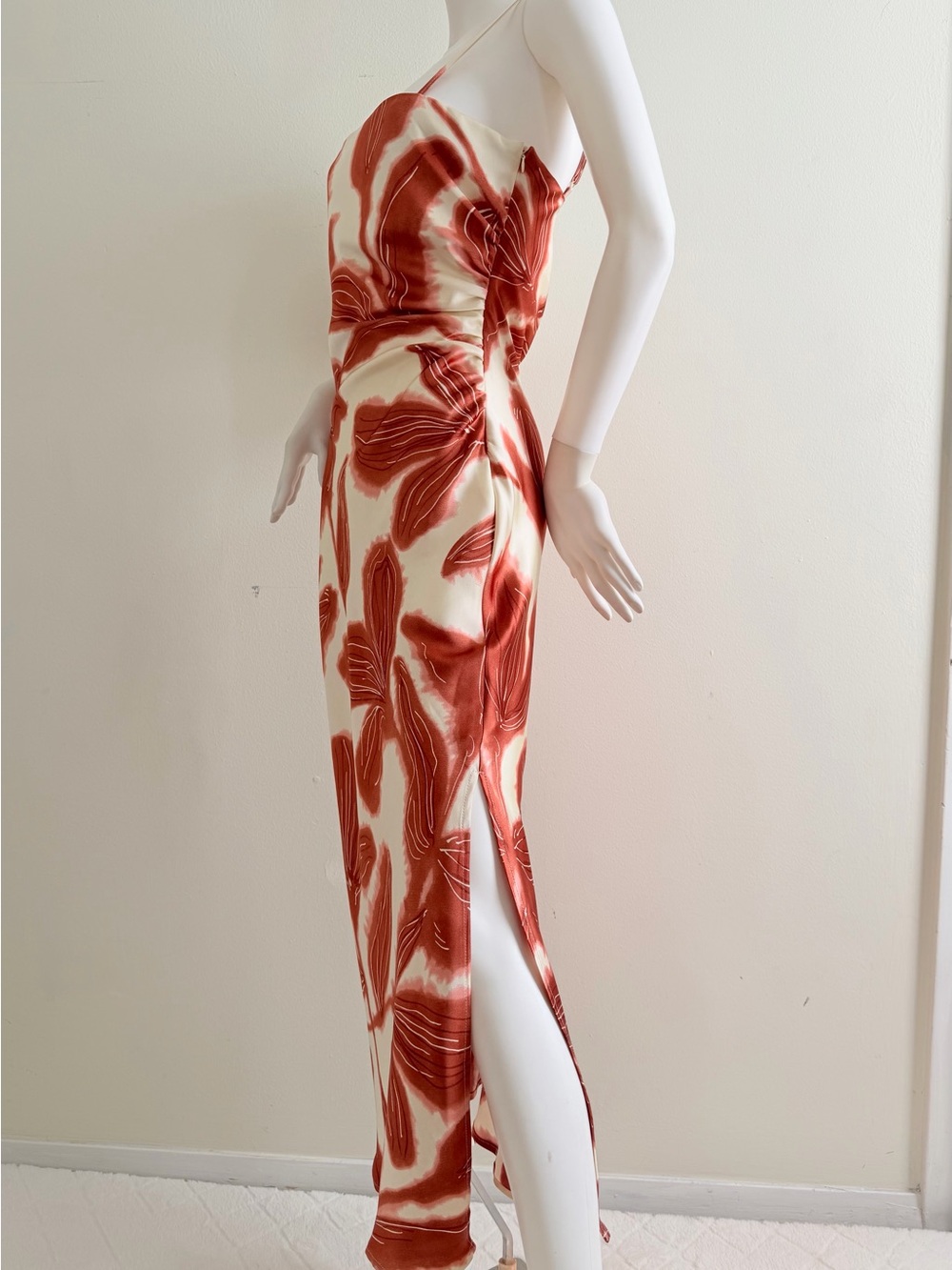 House of Harlow 1960 Satin Midi Dress in Rust and Ivory Floral Print.
